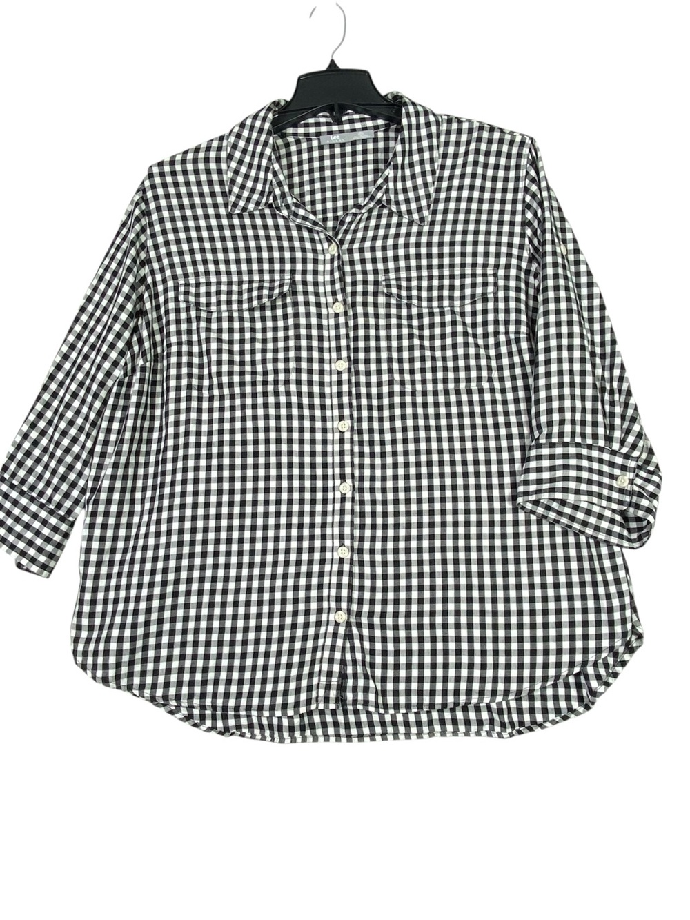 Riders By Lee Button Up Blouse Women's 1X Black White Gingham Plaid Pockets Top